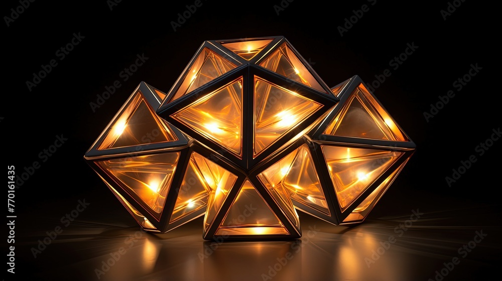 Poster symmetrical arrangement of intersecting irregular polyhedrons with glowing edges