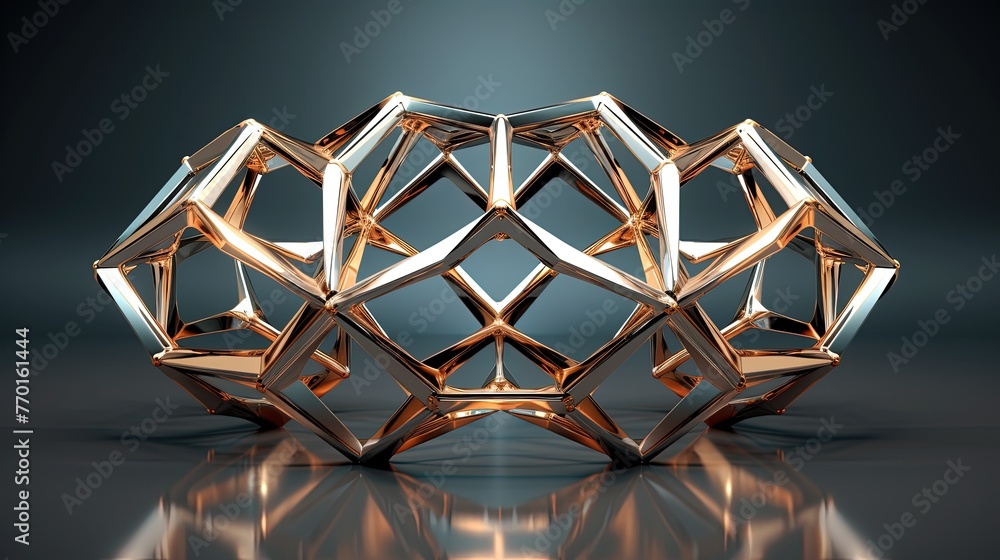 Poster symmetrical arrangement of intersecting irregular polyhedrons with metallic reflections and lighting