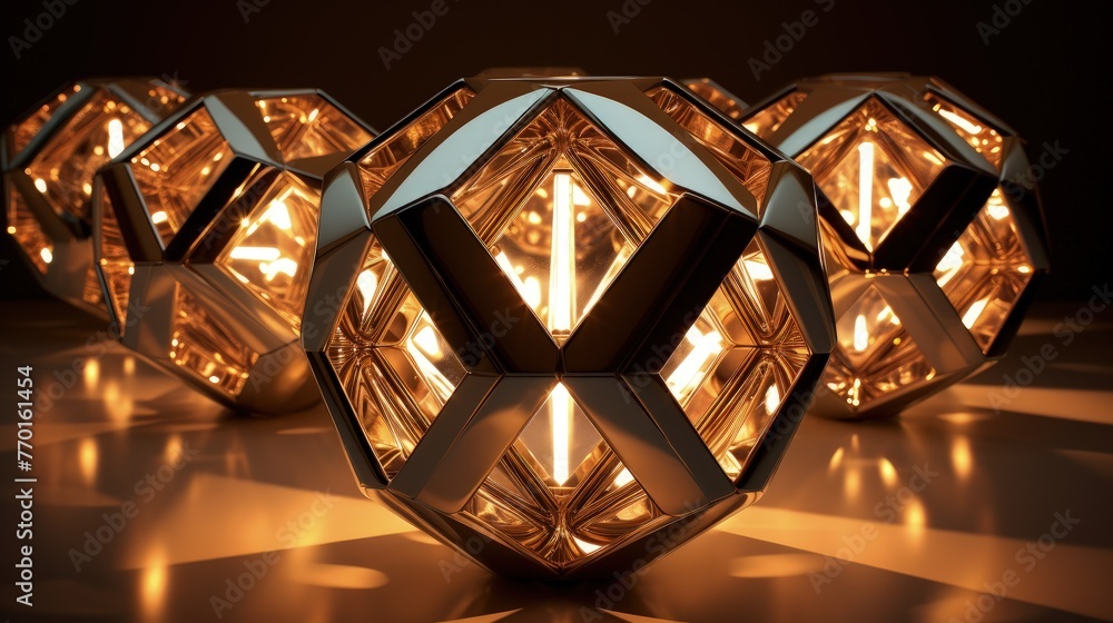 Poster symmetrical arrangement of intersecting irregular polyhedrons with metallic reflections and lighting