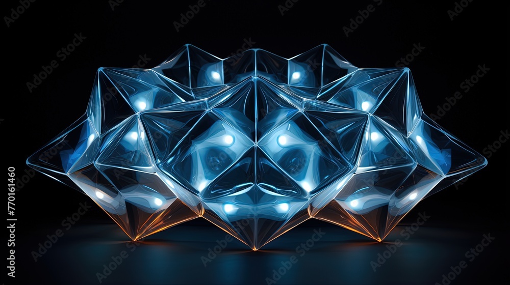 Poster symmetrical arrangement of intersecting irregular polyhedrons with glowing edges