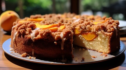Coffee cake with a sliced peach baked into the center.