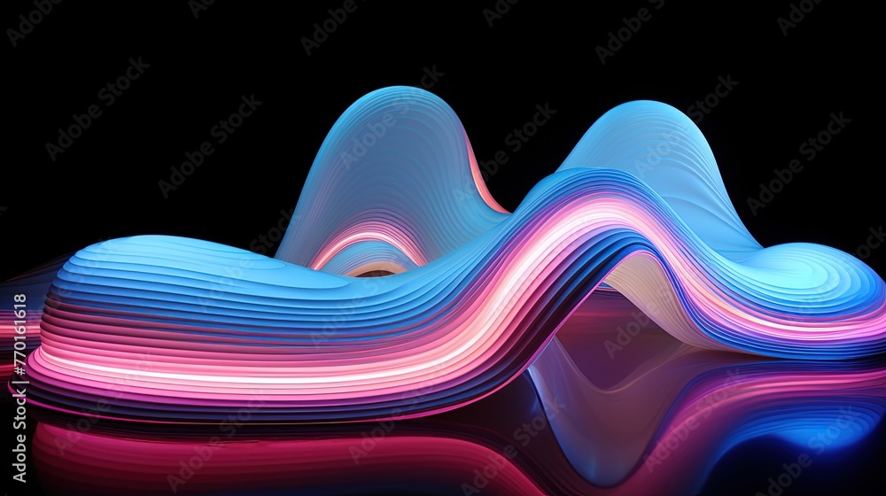 Poster wave like formation of interlocking curves and arcs with a neon glow