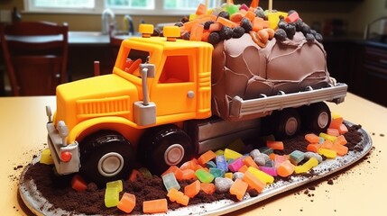 Construction Truck Cake with Fondant Dump Truck, Chocolate Gravel, and Gummy Traffic Cones.