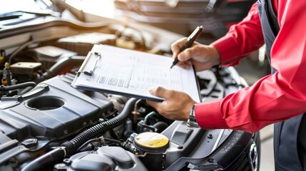 Mechanic s checklist on clipboard for car insurance inspection in garage workshop, auto service. - obrazy, fototapety, plakaty