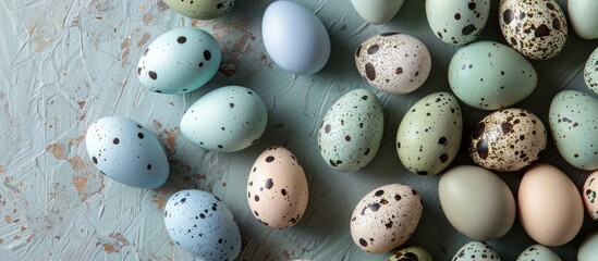 A flatlay of Japanese Jumbo Quail Eggs alongside Araucana Chicken Free Range Eggs, displaying blue and green colors, with empty space.