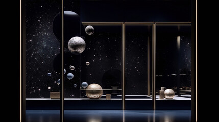 Luxury golden and silver spheres installation in a modern minimalist interior with dark blue walls and starry night wallpaper