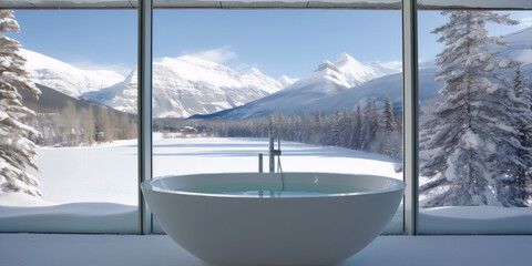 Modern bathroom interior with a large bathtub and a view of the snowy mountains