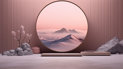 Minimalistic pink and white 3D interior scene with a round window, showing a landscape of snow-capped mountains and a pink sky