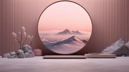 Tableaux ronds sur aluminium brossé Rose clair Minimalistic pink and white 3D interior scene with a round window, showing a landscape of snow-capped mountains and a pink sky