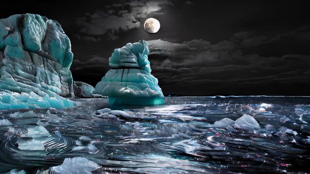Icebergs emerge in the moonlight. Bluish ice creates a mystical atmosphere. Serenity of the cold sea coexists with desolate beauty in this polar landscape. Resembles a work of art created by nature.
