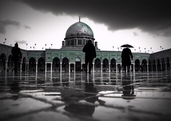 Gloomy courtyard with people walking in the rain in front of a grand mosque with a large reflecting pool in the foreground - obrazy, fototapety, plakaty