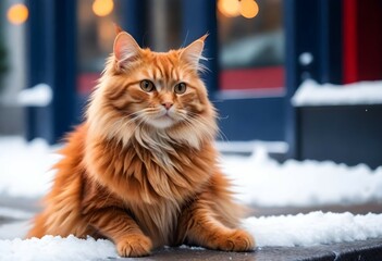 cinematic, stunning, minimalist, thin lightweight light cute red fluffy cat in heavy snowy New York city street sitting front of Macy's entrance. beautiful shot. 8k. Wallpaper. Extremely detailed