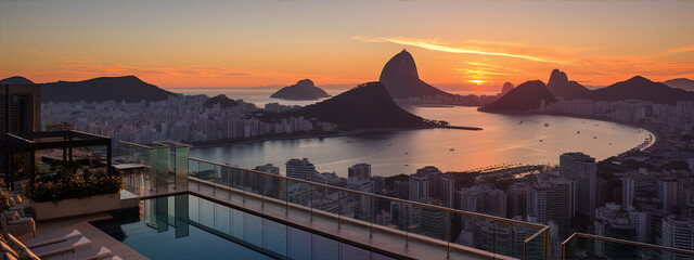 Cityscape of Rio de Janeiro with Sugarloaf Mountain and Corcovado Mountain at sunrise, Brazil.