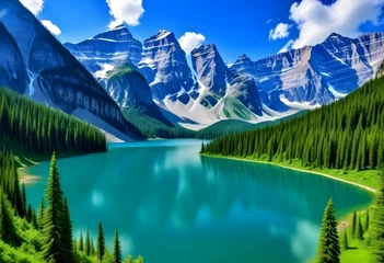 Fotobehang A captivating blend of emerald green and sapphire blue, conveying the majesty of a dense forest meeting a pristine mountain lake. © M