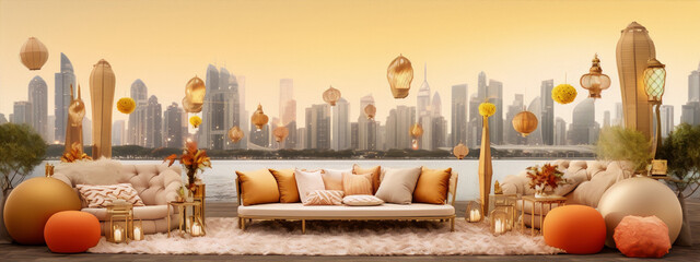 Luxury living room with sofas and cityscape view in warm colors, 3D illustration