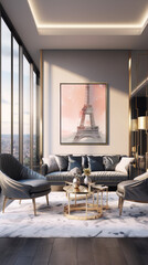Fototapeta na wymiar Parisian apartment with Eiffel Tower view, featuring a pink painting of the tower, two black leather armchairs, and a black leather sofa in a modern living room with a large window.