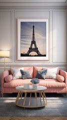 Parisian chic living room with Eiffel Tower poster, pink accents and??????? in the background