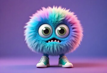 An adorable CGI monster with bulky tennis shoes and big adorable eyes. Multi-colored fur. - obrazy, fototapety, plakaty