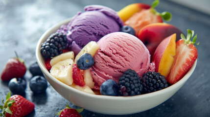 A bowl filled with a colorful assortment of fresh fruit slices and scoops of creamy ice cream.
