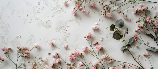 A flower arrangement of pink gypsophila flowers and eucalyptus branches on a white surface, displayed from above with space for text.