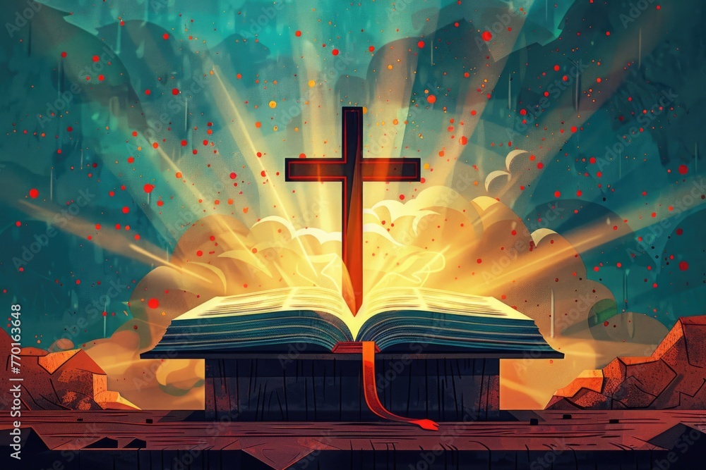 Poster an open book with a cross on top of it