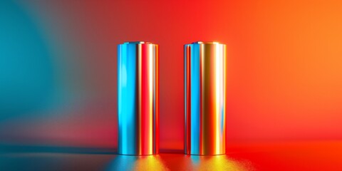Two AA batteries with positive ends glowing red background - obrazy, fototapety, plakaty