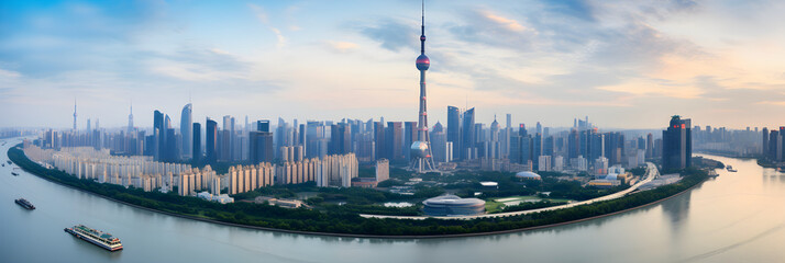 Fusion of Tradition and Modernity: Breath-Taking Aerial View of Inspiring Guangzhou Cityscape Against the Canvas of The Sky - obrazy, fototapety, plakaty