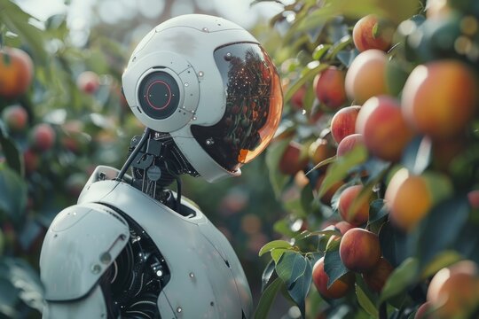 Robot farmer monitors and harvests fruits. illustration future concept of replacing people with robots
