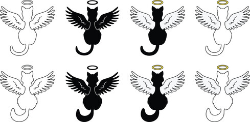 Cat Angel with Wings Pet Memorial Clipart Set - Outline, Silhouette & Color