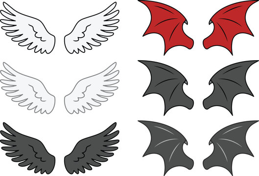 Simple Feather Angel Wings and Devil Bat Wings Clipart Set - White, Black and Red Colors