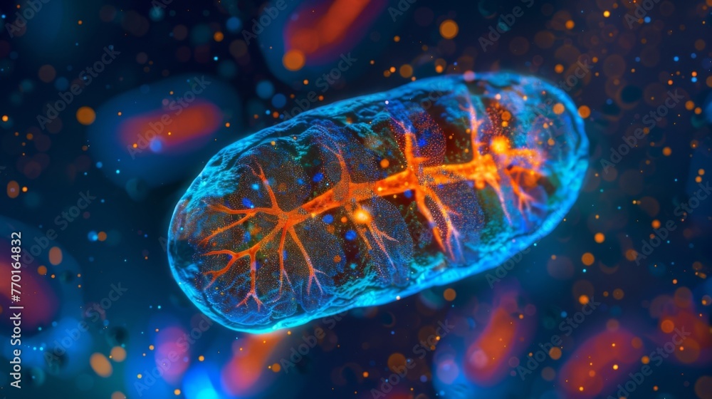 Poster a fluorescence microscopy image of a mitochondrion showing the distribution of mitochondria within a
