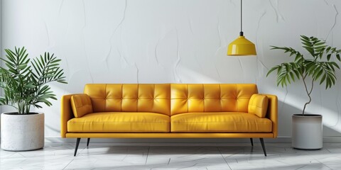 A yellow couch sitting next to a potted plant