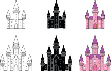 Cartoon Pink Princess Castle Clipart - Outline, Silhouette & Color - obrazy, fototapety, plakaty