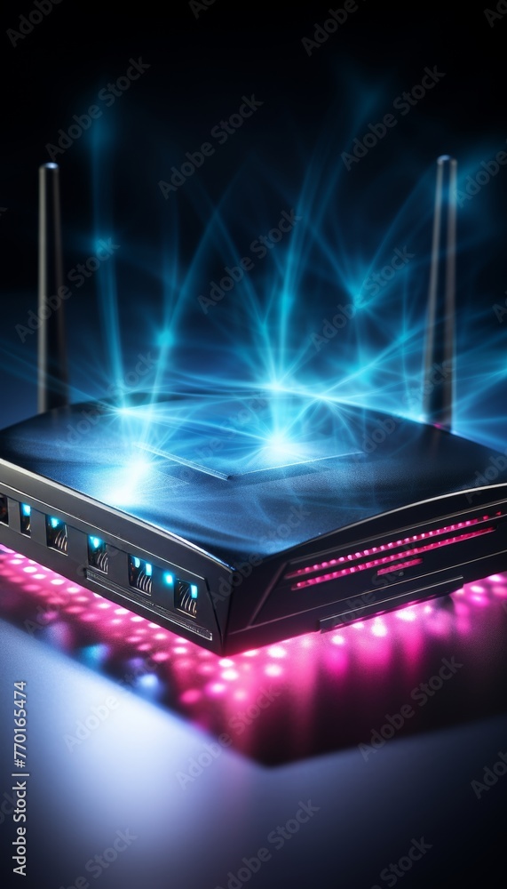 Poster high tech router hologram for secure home networks and online communication on defocused background
