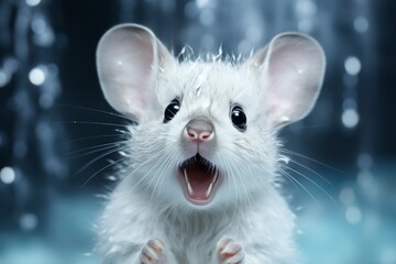 A small white mouse with pink ears and nose looks up with an open mouth. Its whiskers are splayed out and its fur is wet. It is standing on a blue surface.