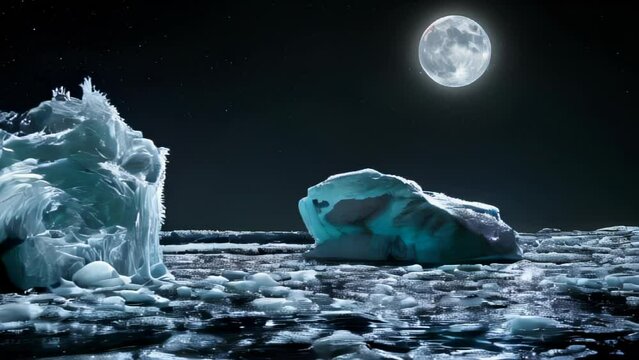 Icebergs emerge in the moonlight. Bluish ice creates a mystical atmosphere. Serenity of the cold sea coexists with desolate beauty in this polar landscape. Resembles a work of art created by nature.
