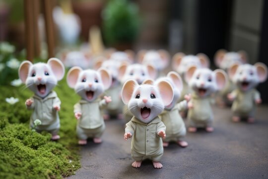 This image shows small white mice in cream-colored jumpsuits in a diorama with fake plants and moss. The mice are facing the camera with open mouths.