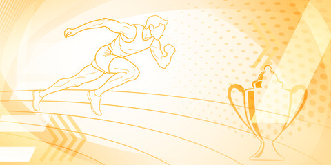 Runner themed background in yellow tones with abstract curves and dots, with sport symbols such as a male athlete, running track and a cup