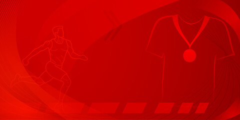 Runner themed background in red tones with abstract curves and dots, with sport symbols such as a male athlete, running track and a medal