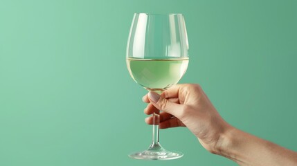 Hand holding white wine glass on pastel background with copy space for text placement