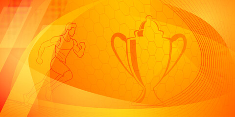 Runner themed background in orange and red tones with abstract curves and mesh, with sport symbols such as a male athlete, running track and a cup