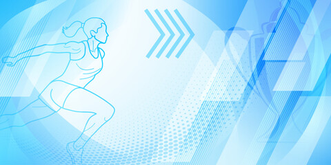 Runner themed background in light blue tones with abstract curves and dots, with sport symbols such as a female athlete and a cup