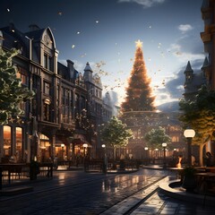 Digital composite of christmas tree on street with city lights and lights