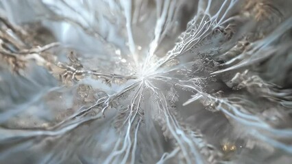 Radiating bluish-white ice crystals form a geometric pattern created by nature. Texture evokes the cold and tranquility of winter. 