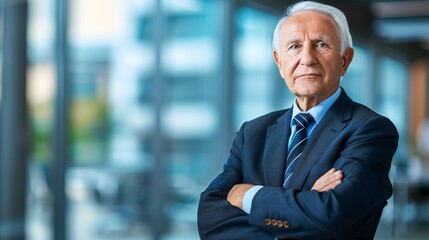 Fototapeta premium Confident senior businessman standing with arms crossed in white office setting with copy space