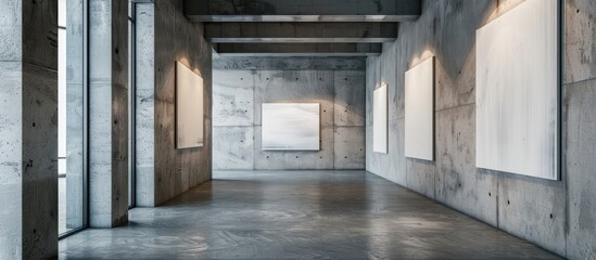 Empty hallway with concrete wall and blank square posters for mock up.