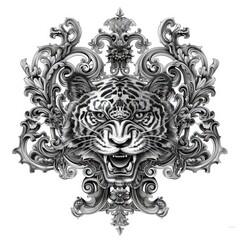 A black and white drawing of a tiger, ornamental stylization with floral elements.
