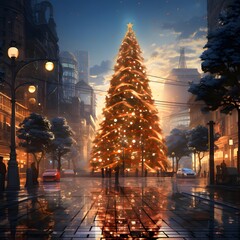 christmas tree in the city at night, 3d render illustration