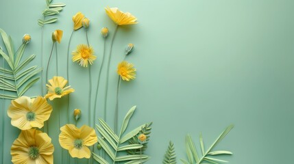Green grass and yellow flowers on light green background minimal top view flat lay with top copy space - obrazy, fototapety, plakaty