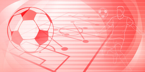 Football themed background in red tones with abstract lines and curves, with sport symbols such as a football player, stadium and ball